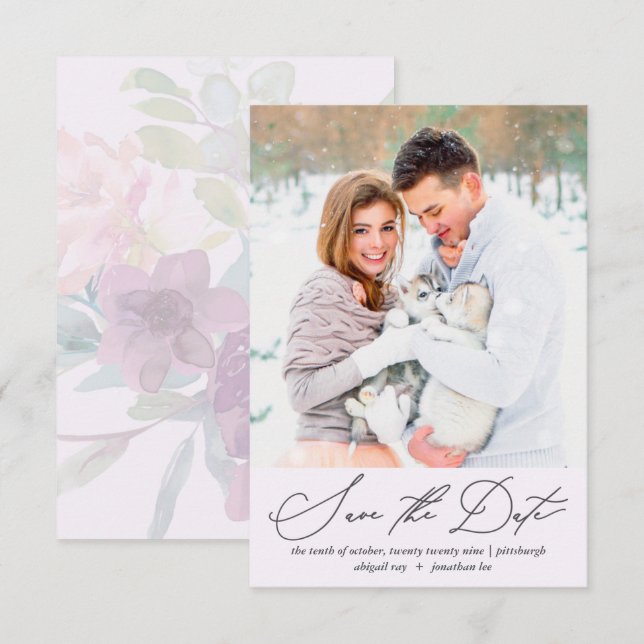 Soft and Airy Floral Pastel Purple Photo Wedding Save The Date (Front/Back)