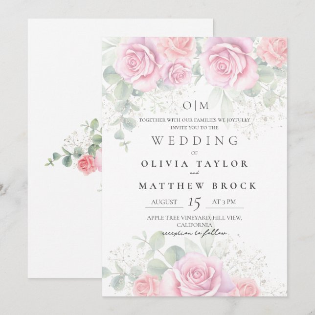 Soft and Elegant Blush Pink Roses Wedding Invitation (Front/Back)