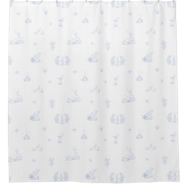 Soft and Faded Woodland Blue White Toile Shower Curtain (Front)