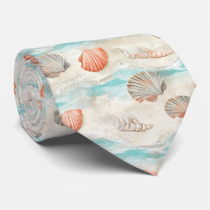 Soft Aqua and Coral Seashells with Starfish Detail Tie