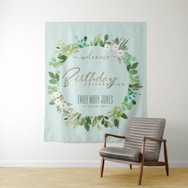 SOFT AQUA BLUE FOLIAGE WATERCOLOR BIRTHDAY WELCOME TAPESTRY (In Situ)