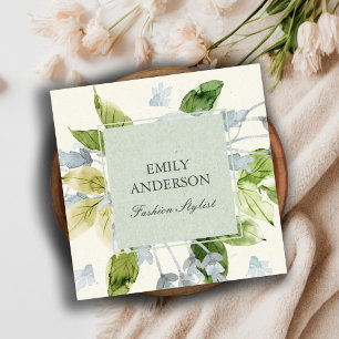 SOFT AQUA BLUE GREEN WATERCOLOR FLORAL SQUARE BUSINESS CARD