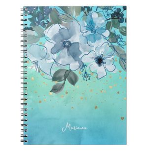Soft Aqua Blue Turquoise Watercolor Floral Her Notebook
