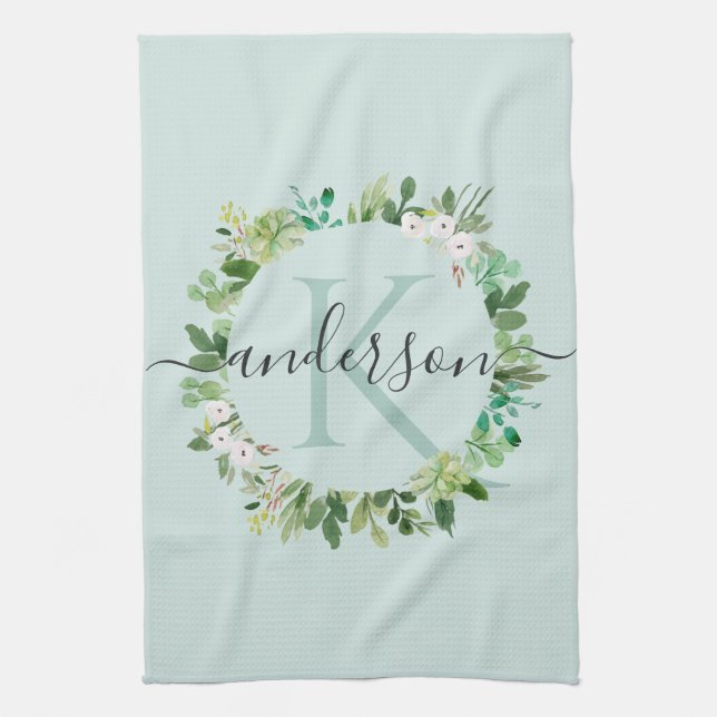 SOFT AQUA BLUE WREATH FOLIAGE WATERCOLOR MONOGRAM TEA TOWEL (Vertical)