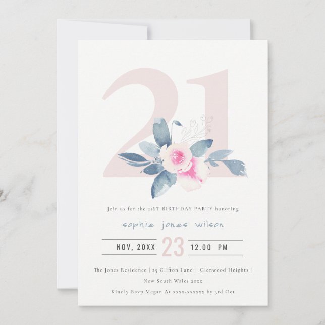 SOFT AQUA BLUSH BLUE FLORAL 21ST ANY AGE BIRTHDAY INVITATION (Front)