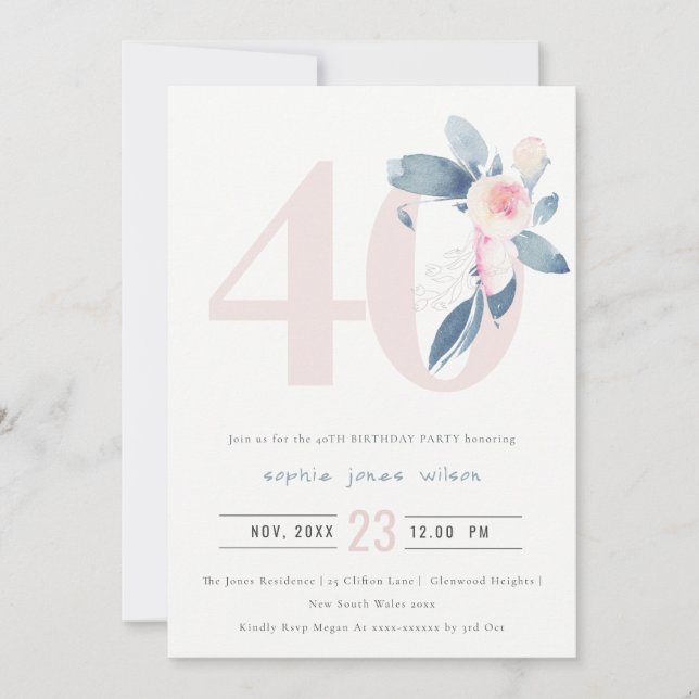 SOFT AQUA BLUSH BLUE FLORAL 40TH ANY AGE BIRTHDAY INVITATION (Front)