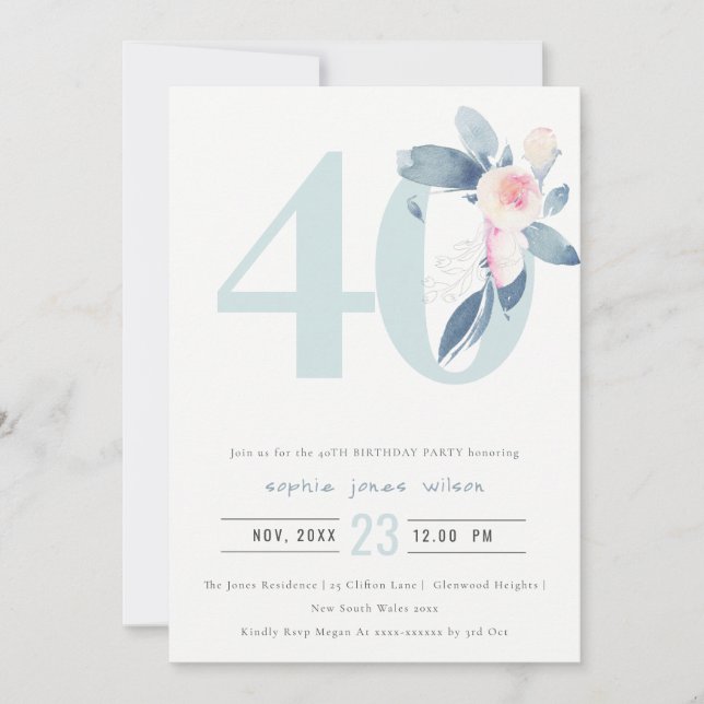 SOFT AQUA BLUSH BLUE FLORAL 40TH ANY AGE BIRTHDAY INVITATION (Front)