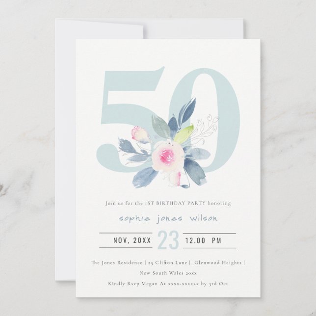 SOFT AQUA BLUSH BLUE FLORAL 50TH ANY AGE BIRTHDAY INVITATION (Front)