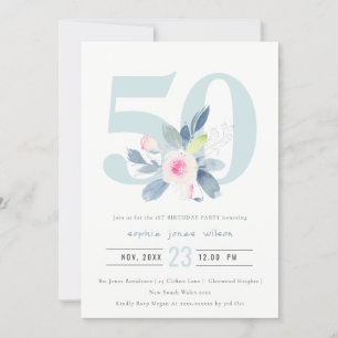 SOFT AQUA BLUSH BLUE FLORAL 50TH ANY AGE BIRTHDAY INVITATION