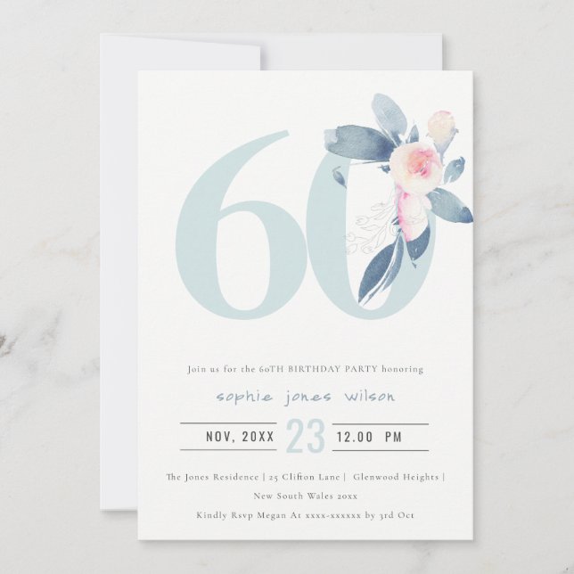 SOFT AQUA BLUSH BLUE FLORAL 60TH ANY AGE BIRTHDAY INVITATION (Front)