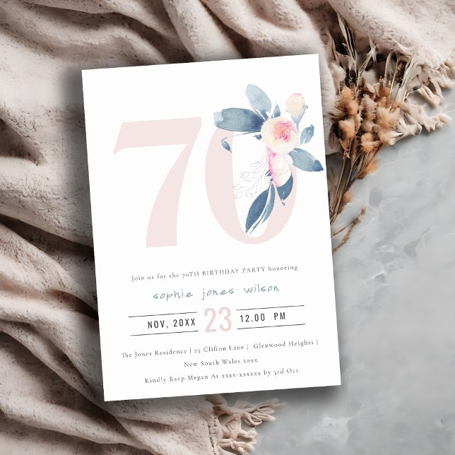 SOFT AQUA BLUSH BLUE FLORAL 70TH ANY AGE BIRTHDAY INVITATION (Creator Uploaded)