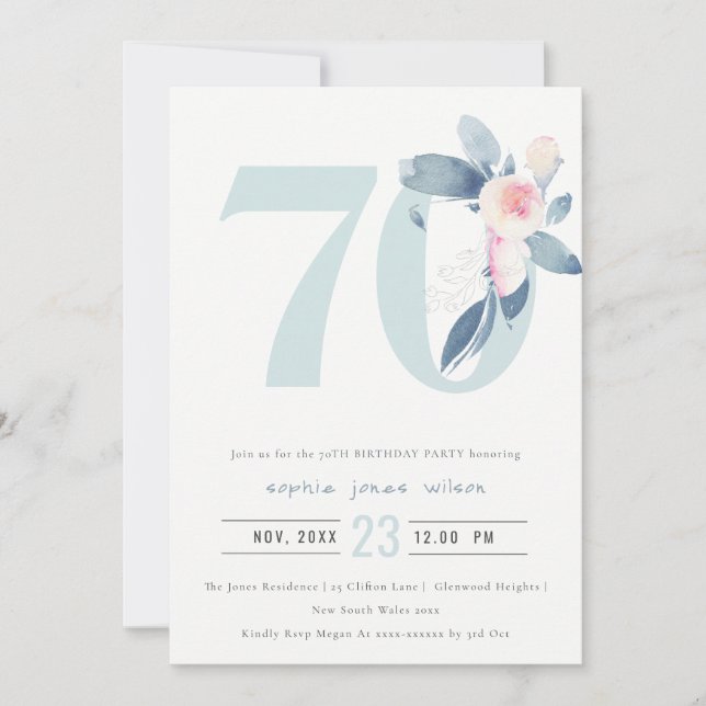 SOFT AQUA BLUSH BLUE FLORAL 70TH ANY AGE BIRTHDAY INVITATION (Front)