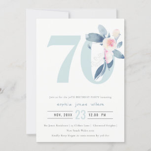SOFT AQUA BLUSH BLUE FLORAL 70TH ANY AGE BIRTHDAY INVITATION