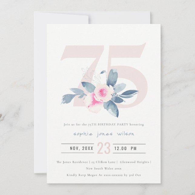 SOFT AQUA BLUSH BLUE FLORAL 75TH ANY AGE BIRTHDAY INVITATION (Front)