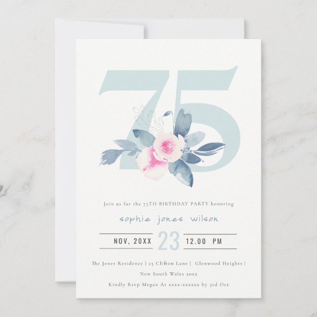 SOFT AQUA BLUSH BLUE FLORAL 75TH ANY AGE BIRTHDAY INVITATION (Front)