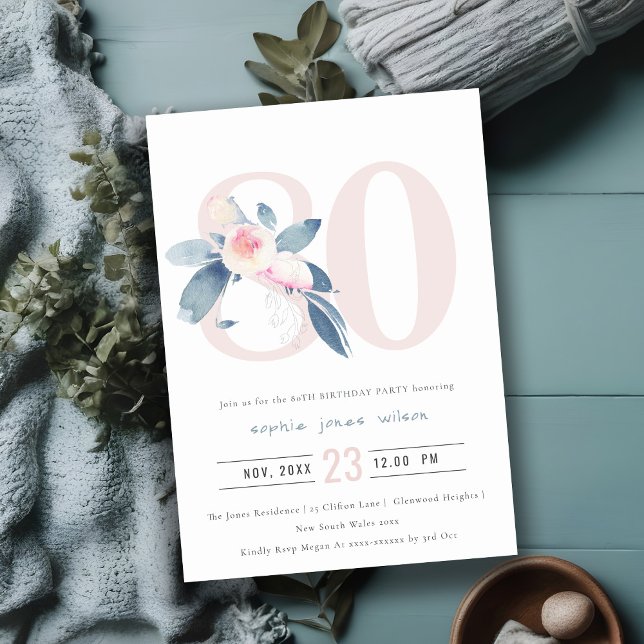 SOFT AQUA BLUSH BLUE FLORAL 80TH ANY AGE BIRTHDAY INVITATION (Creator Uploaded)