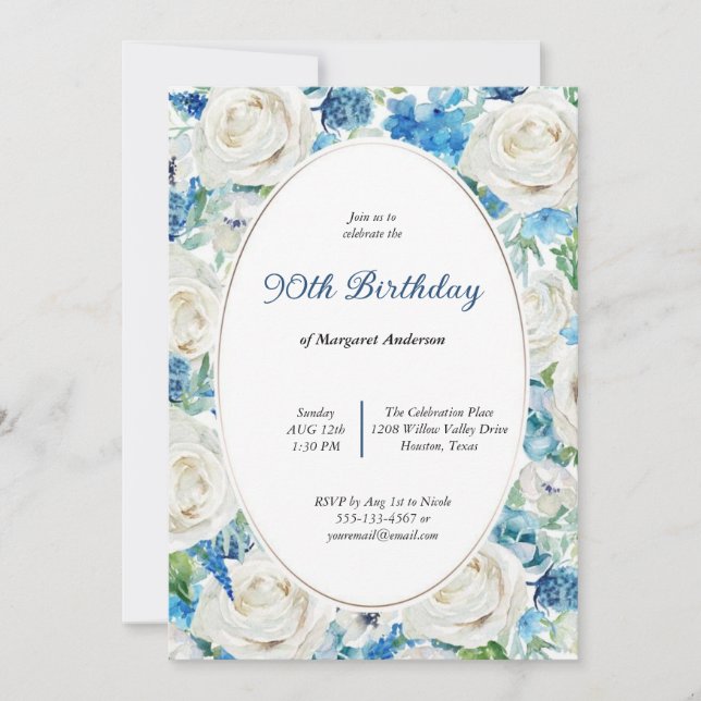 SOFT AQUA BLUSH BLUE FLORAL 80TH ANY AGE BIRTHDAY  INVITATION (Front)