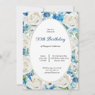 SOFT AQUA BLUSH BLUE FLORAL 80TH ANY AGE BIRTHDAY  INVITATION