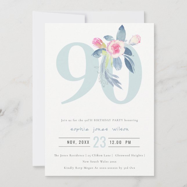 SOFT AQUA BLUSH BLUE FLORAL 90TH ANY AGE BIRTHDAY INVITATION (Front)
