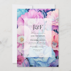 Soft Aqua & Light Pink Floral Wedding Monogram Invitation