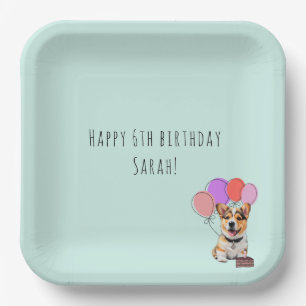 Soft Aqua-Mint Cheerful Modern Corgi Birthday Paper Plate