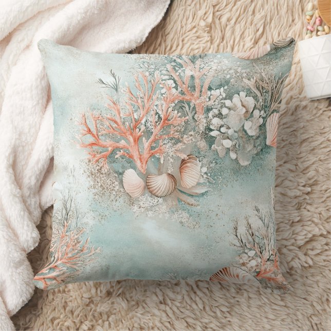Soft Aqua Ocean Shell Botanical Pattern Cushion (Blanket)