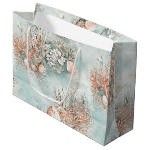 Soft Aqua Ocean Shell Botanical Pattern Large Gift Bag