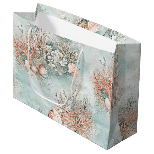 Soft Aqua Ocean Shell Botanical Pattern Large Gift Bag (Front Angled)