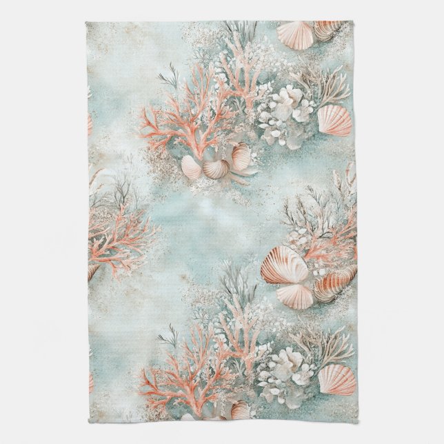 Soft Aqua Ocean Shell Botanical Pattern Tea Towel (Vertical)