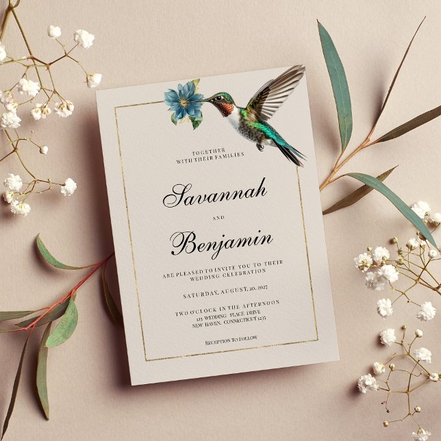 Soft ashy shade gold colourful hummingbird wedding invitation (Soft ashy shade gold colorful hummingbird wedding)