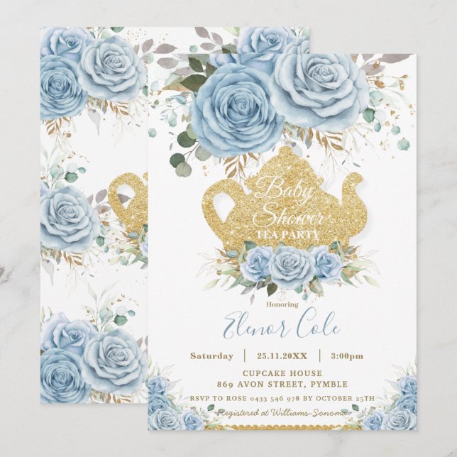 Soft Baby Blue Floral Baby Shower High Tea Party  Invitation (Front/Back)