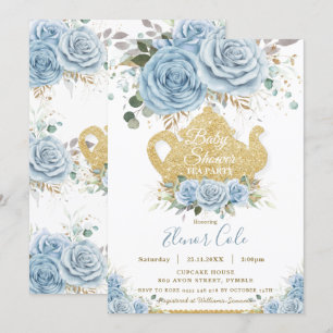 Soft Baby Blue Floral Baby Shower High Tea Party Invitation