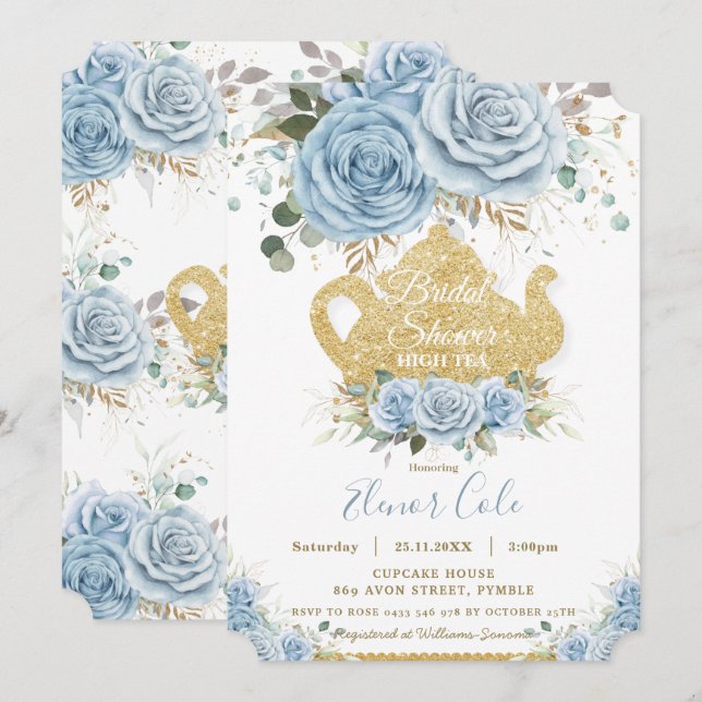 Soft Baby Blue Floral Bridal Shower High Tea Party Invitation (Front/Back)