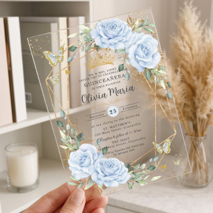 Soft Baby Blue Floral Butterflies Gold Quinceanera Acrylic Invitations
