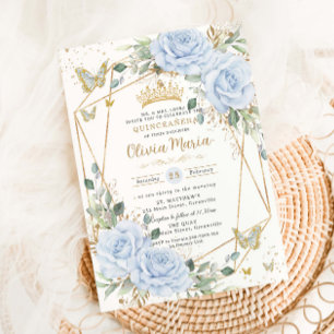 Soft Baby Blue Floral Butterflies Gold Quinceanera Invitation