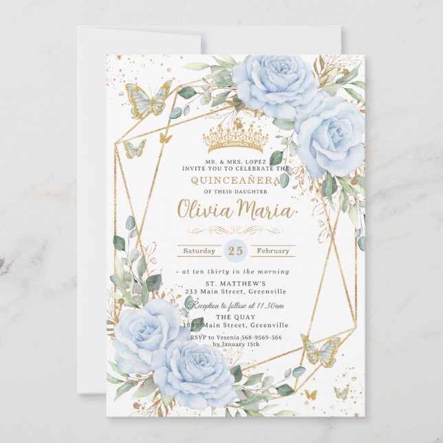 Soft Baby Blue Floral Butterflies Gold Quinceanera Invitation (Front)