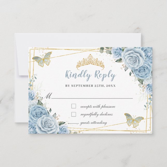Soft Baby Blue Floral Gold Quinceañera Butterflies RSVP Card (Front)