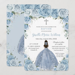 Soft Baby Blue Floral Roses Girl Silver Baptism  Invitation