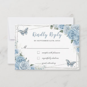 Soft Baby Blue Floral Roses Quinceañera Butterfly RSVP Card