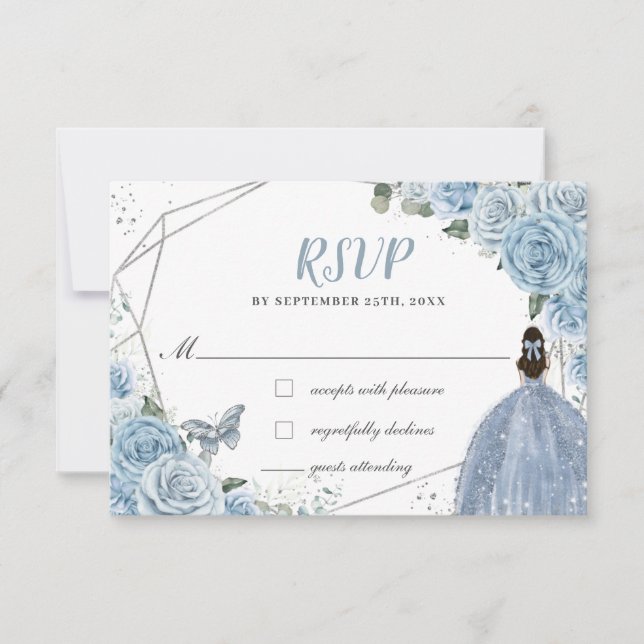 Soft Baby Blue Floral Roses Quinceañera Princess RSVP Card (Front)