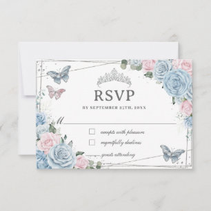 Soft Baby Blue Pink Floral Roses Quinceañera  RSVP Card