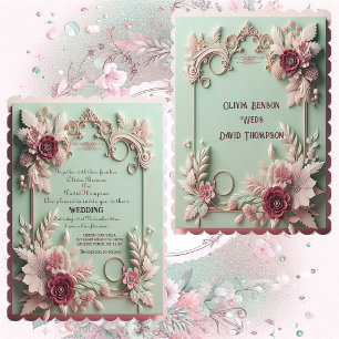 Soft Baroque Elegance Maroon Rose Floral Motifs Invitation