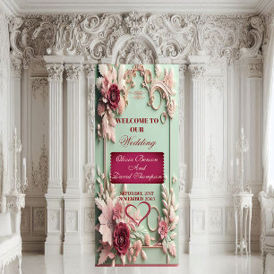 Soft Baroque Elegance Maroon Rose Floral Motifs Retractable Banner
