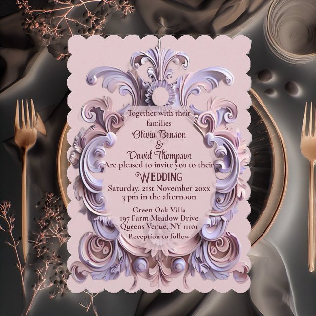 Soft Baroque Scrollwork Purple Engravings Elegant  Invitation (Soft Baroque Scrollwork Purple Engravings Elegant Invitation)