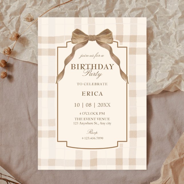 Soft beige brown bow tartan plaid birthday invitation (Creator Uploaded)