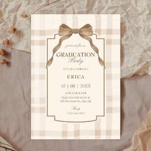 Soft beige brown bow tartan plaid graduation invitation