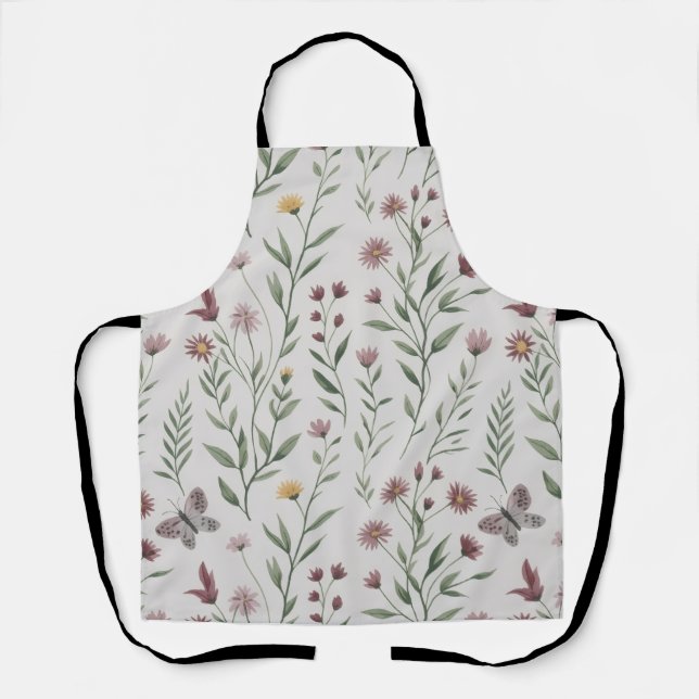 Soft Beige Butterfly & Wildflower Seamless Pattern Apron (Front)
