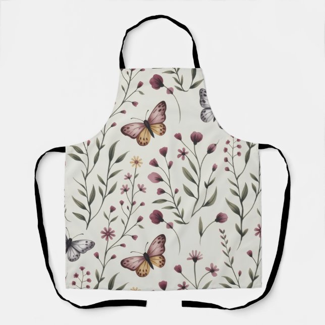Soft Beige Butterfly & Wildflower Seamless Pattern Apron (Front)