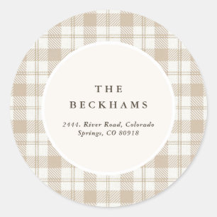 Soft Beige Gingham Christmas Return Address Classic Round Sticker
