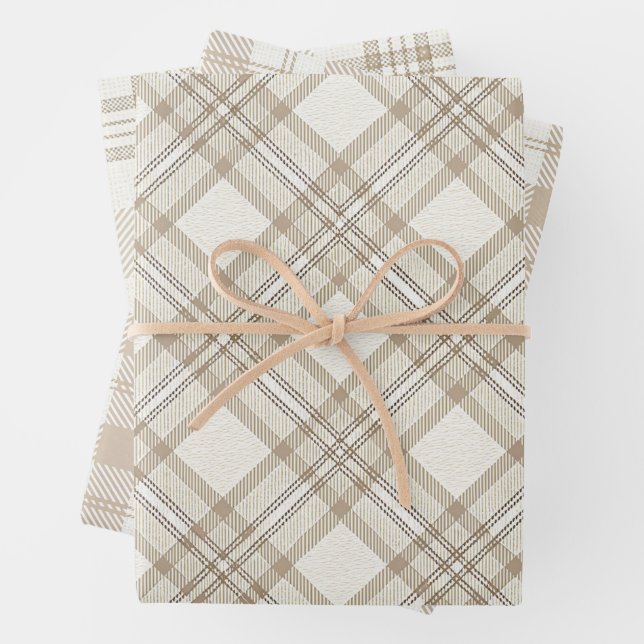 Soft Beige Gingham Christmas Wrapping Paper Sheet (In situ)